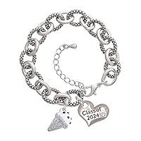 3-D Vanilla Ice Cream Cone with Crystal Sprinkles - Class of 2024 Heart Charm Link Bracelet, 7.25+1.25