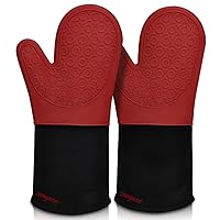 sungwoo Extra Long Silicone Oven Mitts, Heat Resistant Oven Gloves with Quilted Liner Non-Slip Textured Grip Perfect for BBQ, Baking, Cooking and Grilling - 1 Pair 14.6 Inch Red & Black