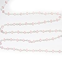 Rose Quartz 3MM Faceted Rondelle Gemstone Beaded Rosary Chain by Foot For Jewelry Making - Silver Handmade Beaded Chain Connectors - Wire Wrapped Bead Chain Necklaces