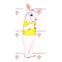 White rabbit REDBROKOLY Mascot dressed in a yellow t-shirt