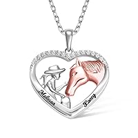 Personalized Heart Horse Girl Necklace for Women Gift for Her, Silver-White