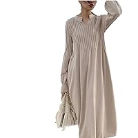 Plus Size Autumn Winter Elegant Women' Long Sleeve Knitted Dress V Neck Solid Color Ruffle Trim