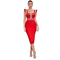 Unique Women Wedding Guest Formal Evening Dress Red Summer Sexy Button Bodycon Bandage Bridesmaid Dress