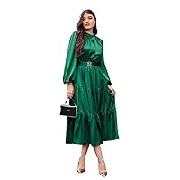 Women's Dress Lantern Sleeve Ruffle Hem Buckled Belted Satin Dress Summer Dress (Color : Green, Size : Medium)
