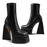 Uacllcau Platform Boots for Women Mid Calf Boots Square Toe Chunky High Heel Boots Side Zipper Ankle Booties