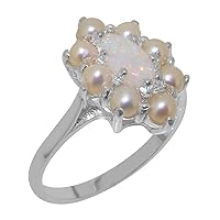 Solid 18k White Gold Natural Opal & Cultured Pearl Womens Cluster Ring - Sizes 4 to 12 Available