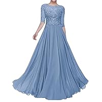Blue Dress Mother of The Bride Dresses Formal Wedding Guest Elegant Scoop Neck Chiffon Lace Half Sleeve for Women