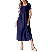Womens Summer Dress 2024 Flowy Swing Tiered Crew Neck Short Sleeve Maxi Beach Dresses