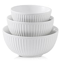 Hasense Ceramic Mixing Bowls of 3, Large Ribbed Nesting White Bowls 1.5/1/0.5 Qt For Kitchen, Cooking, Baking and Serving Prep Bowls for Salad, Pasta, Modern Space Saving Dishes for Kitchen