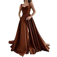 Satin Prom Dresses Sweep Train Slit Long Ball Gowns with Pockets Straps Formal Evening Party Dress for Women