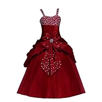 Girl's Taffeta Straps Beads Pageant Dress A Line Sleeveless Princess Ball Gowns Flower Girl Dress Red