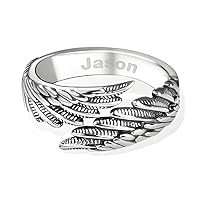 Custom Name Angel Wing Ring Sterling Silver Ring Guardian Angel Ring Gift for Her Adjustable Ring Memorial Ring with Wings Statement Ring for Women Personalized Engraved Angel Wings Ring