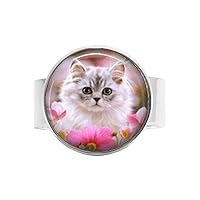 Kitten with Pink Flowers Art Photo Charm Ring Vintage Art Photo Jewelry