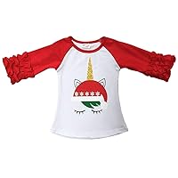 Little Girl Top Red Solid Sleeves Santa Unicorn Print T-Shirt Top 2t-8