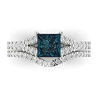 2.11ct Princess Cut Solitaire Real London Blue Topaz Designer Art Deco Statement Wedding Curved Ring Band Set 18K White Gold