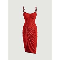 Dresses for Women - Solid Ruched Bustier Cami Dress (Color : Red, Size : Large)