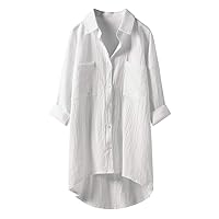 Womens Boyfriend Button Down Shirts Plus Size Loose Fit 3/4 Sleeve Shirts Cotton Linen Tops Blouses Tunics White