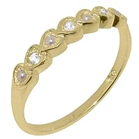 Solid 14k Yellow Gold Natural Diamond & Cultured Pearl Womens Eternity Ring - Sizes 4 to 12 Available