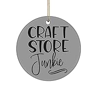 Craft Store Junkie Orament for Crafters Crafting Hobby Artist Birthday Christmas Ideas 3 inch Round Ceramic Xmas Tree Decor