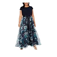 S.L. Fashions Women's Plus Size Long Floral Print Sleeveless Special Occasion Dress with Removable Satin Belt