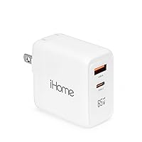 iHome 65W GaN Charger: Dual Port Universal Laptop Charger with USB-C Power Delivery Port and USB-A Port, Compact & Portable Wall Charger