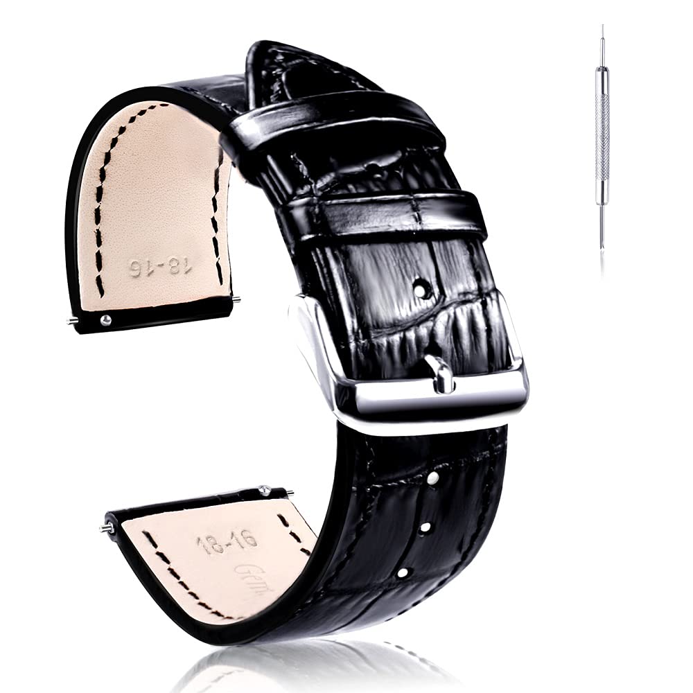 MAOSEMSI Quick Release-Top Leather Watch Band Strap Men and Women -Choice of Width 18mm, 20mm or 22mm，Black Calfskin Alligator Grain Adapt to Samsung Galaxy Watch 3 Wrist Strap