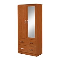 HODEDAH 2 Door Wood Wardrobe Bedroom Closet with Clothing Rod Inside Cabinet, 2 Drawers for Storage and Mirror, Cherry