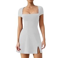Mini Dresses for Women, Women's Square Neck Slim Short Sleeve Top Stretch Sheath 2024 Tanks, S XL