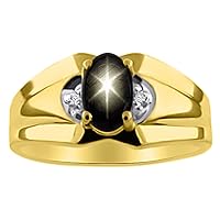 Rylos Mens Rings 14K Yellow Gold - Diamond & Black Star Sapphire Ring 7X5MM Color Stone Gemstone Rings For Men Mens Jewelry Gold Rings