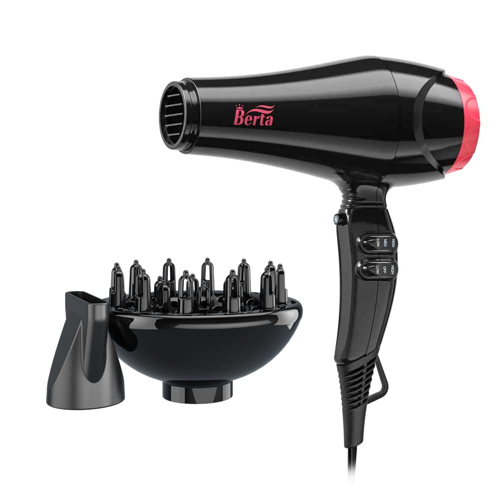 BERTA 1875W Professional Salon Hair Dryer Negative Ionic Blow Dryer, 2 Speed 3 Heat Settings Cool Button with AC Motor, Concentrator Nozzle & Diffuser