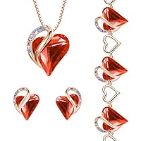 Leafael Infinity Love Crystal Heart Bundle Jewelry Set with Carnelian Red Healing Stone Crystal with Courage Gifts for Women Necklace Earrings Bracelet, 18K Rose Gold Plated