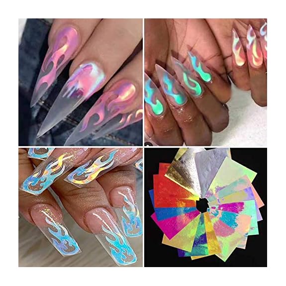 Flame Reflections Nail Stickers - 16PCS Halloween Holographic Fire Flame  Nail Art Decals 3D Vinyls Nail Stencil