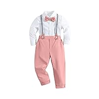 Milumia Young Boy's 2 Piece Outfits Bow tie Long Sleeve Button Front Shirts with Suspender Pants
