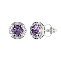 3.60 ct Round Cut Halo Solitaire Simulated Alexandrite Pair of Solitaire Stud Screw Back Everyday Earrings 18K White Gold