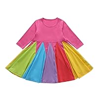 Autumn and Winter New Girls' Dresses,Long-Sleeved Round Neck Color-Blocking Rainbow Princess Dress.