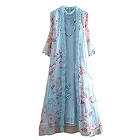 Women 2 Pieces Set Embroidery Silk Organza Coat Tops Sleeveless Dress Elegant Lady Suit Female