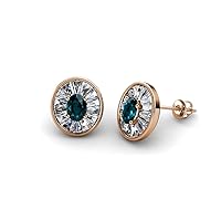 Oval Cut London Blue Topaz & Baguette Natural Diamond 1.22 ctw Women Milgrain Halo Stud Earrings 14K Gold