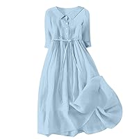 Women Korean Style Lace-Up Waist-Defined Henley Shirt Dress Summer Cotton Linen Half Sleeve Casual A-Line Dresses