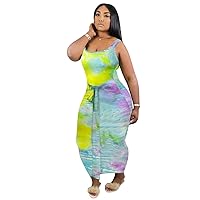 Women Casual Plus Size Midi Dress Summer Sexy Sleeveless Tie Dye Print Sundresses Fashion Bodycon Tie Pencil Skirts