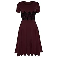 Oops Outlet Women's Cap Sleeve Waist Lace Insert Flared Skater Midi Dress Plus Size (US 12/14) Wine