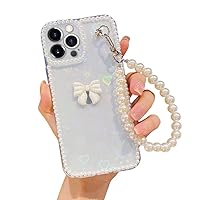 Omio Compatible with iPhone 15 Pro Max Case with Hand Strap 3D Handmade Bow Pearl Bracelet Clear Laser Holographic Heart Phone Glitter Case for Women Girls Slim Case for iPhone 15 Pro Max, Small Pearl