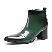 Mens Chelsea Boots Casual Dress Party Patent Leather Cowboy Boots Zipper On Side Mid Calf Heel Motorcycle Boots for Men