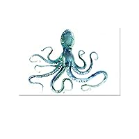 JAPO ART Blue Octopus Bathroom Decor Canvas Wall Art by Edward Selkirk Coastal wall decor Nautical Ocean Animal Watercolor Marine life Sea Pictures Framed Artwork Print on Canvas for Living Room