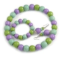 Avalaya Pastel Mint/Green/Purple Wood Flex Necklace, Bracelet and Drop Earrings Set - 46cm L