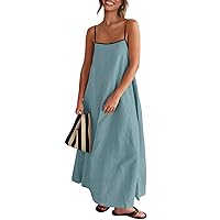 Senllen Summer Dresses for Women 2024 Adjustable Spaghetti Strap Contrast Backless Party Beach Loose Maxi Dress with Pockets
