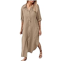 Women's 2024 Summer Maxi Dress Linen Roll Up Sleeve Spring Casual Boho V Neck Split Beach Long Flowy Dresses Trendy