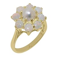 Solid 10k Yellow Gold Cultured Pearl & Opal Womens Cluster Ring - Sizes 4 to 12 Available