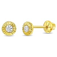 14k Yellow Gold 4mm Clear Cubic Zirconia Round Sunflower Screw Back Earrings for Little Girls - Lovely Flower Screw Back Earrings for Babies, Infants & Toddlers