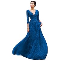 Women's V Neck Long Sleeves Prom Dress A Line Open Back Evening Party Dress
