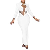 Womens Sexy Long Sleeve Solid Color Mesh See Through Slim Stretch Maxi Dress Evening Formal Dress